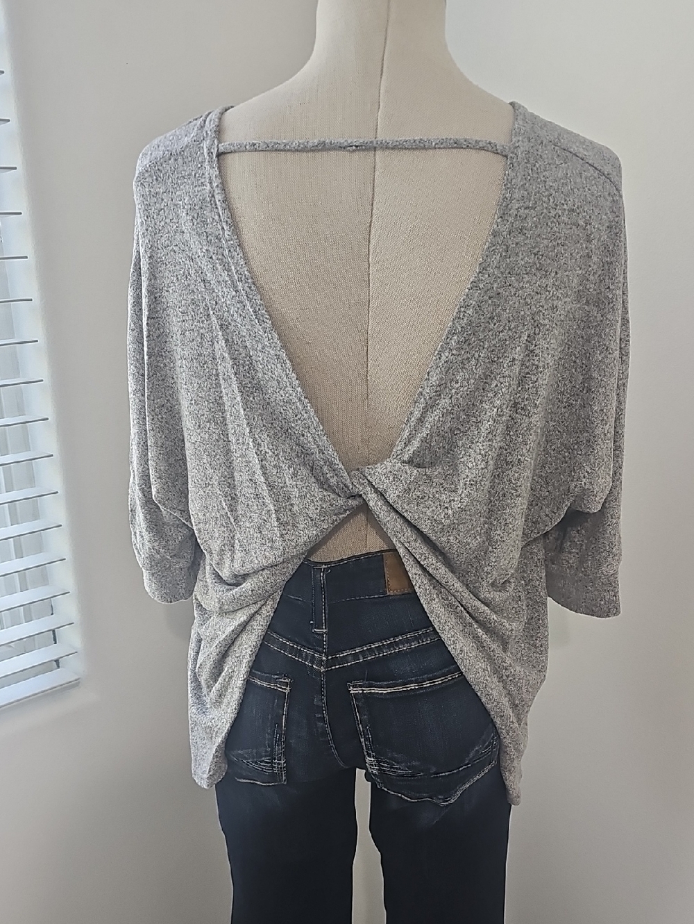 Daytrip Heather Gray Knit Top with Open Back Twist